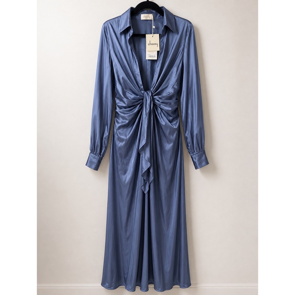 Choosy Blue Satin Striped Twist Front Long Sleeve Wide Leg Jumpsuit Size 6 NWT